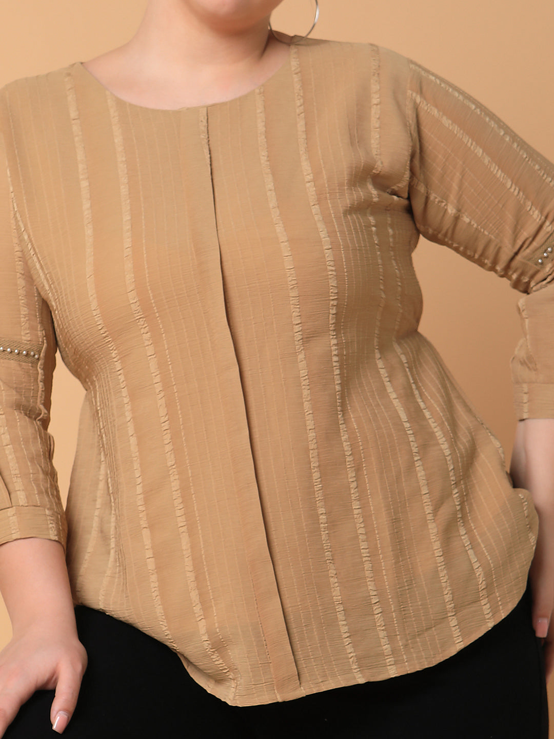 Women Striped Camel Brown Top