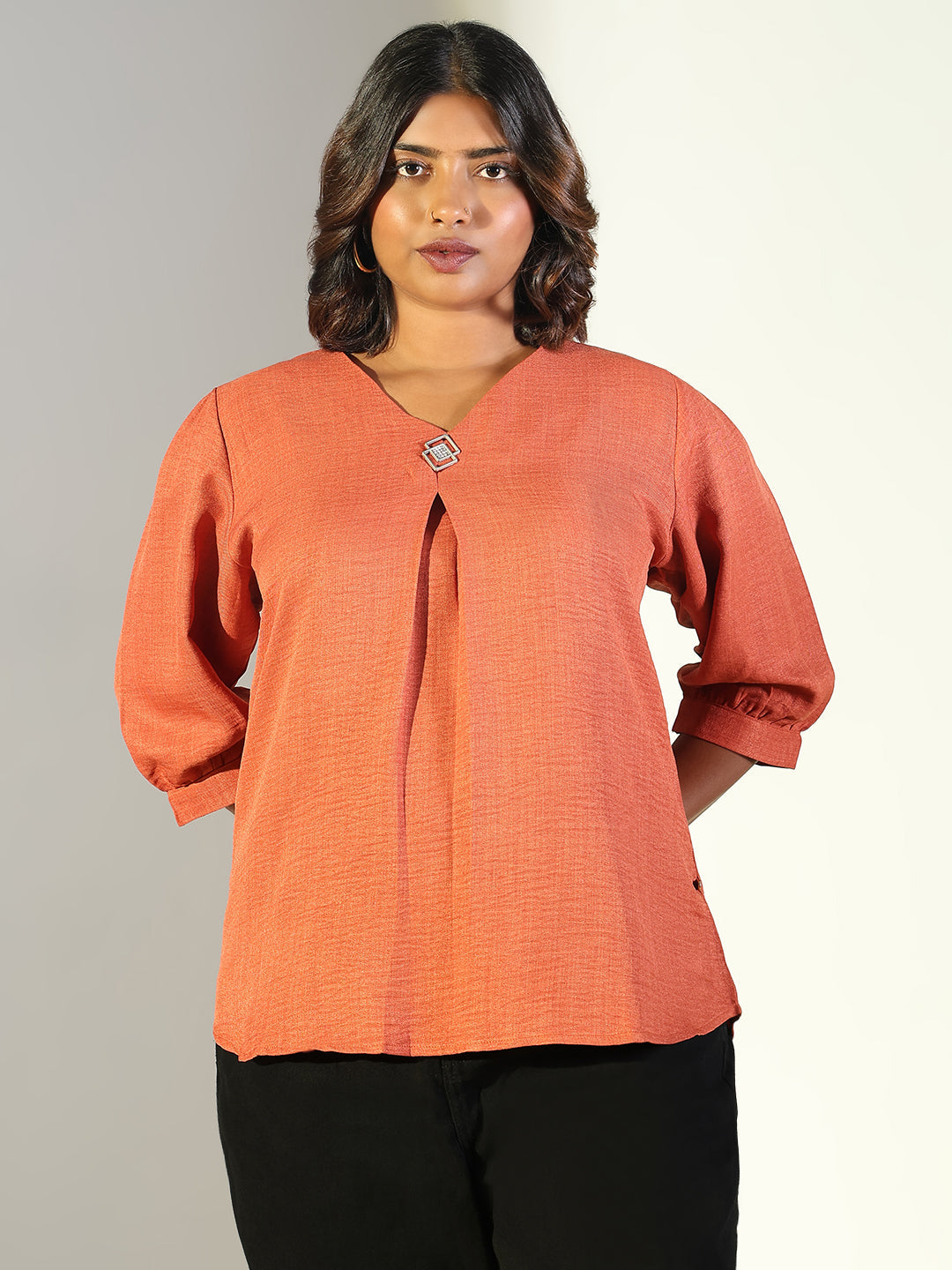 Women Orange Solid A Line Top