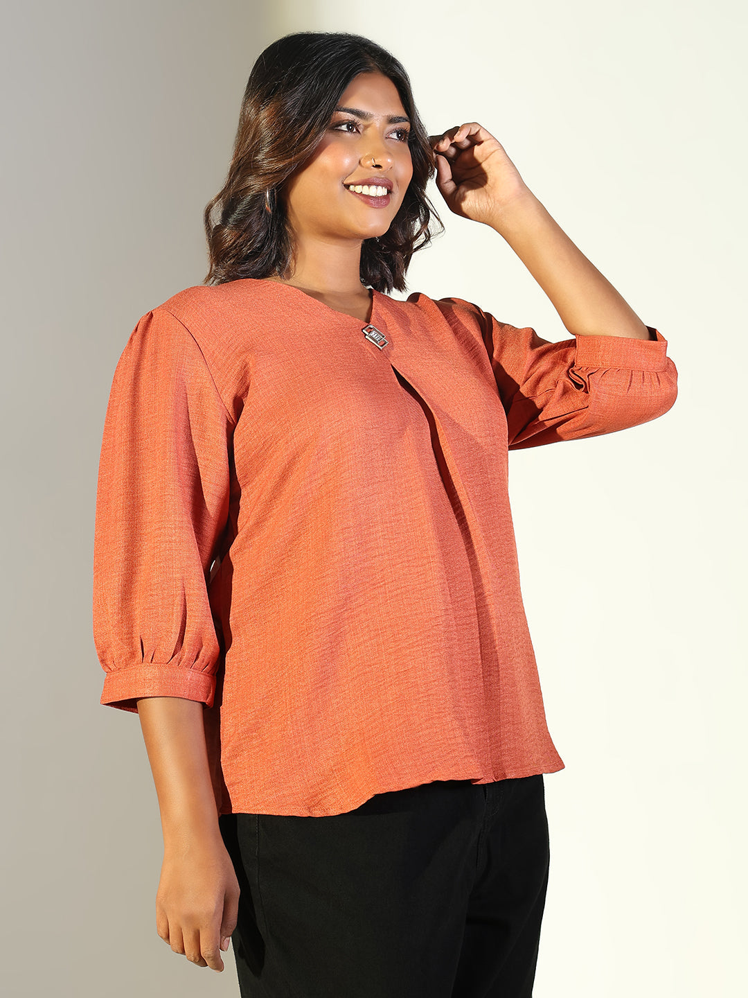 Women Orange Solid A Line Top