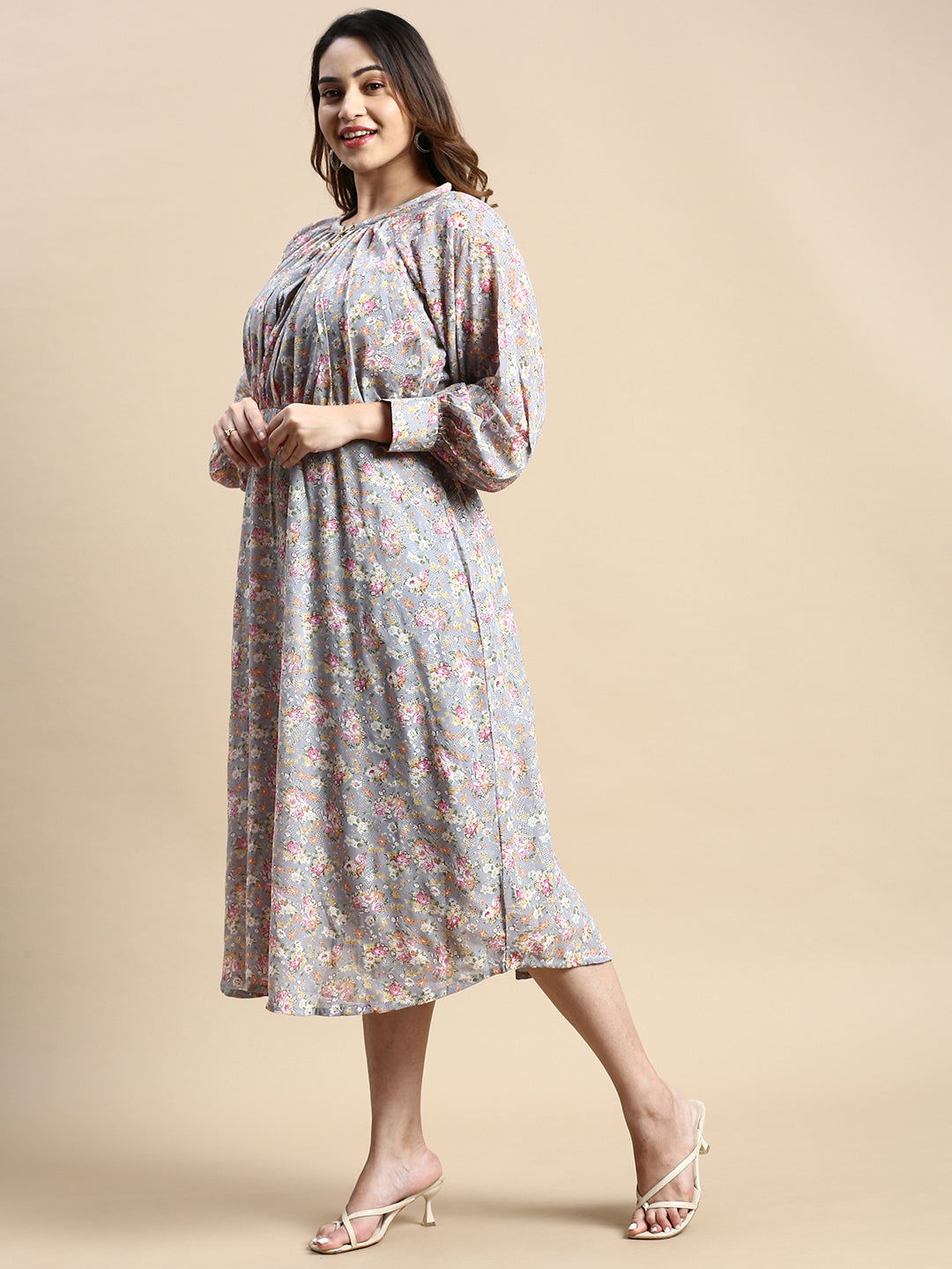 Women Bishop Grey Floral Fit and Flare Dress