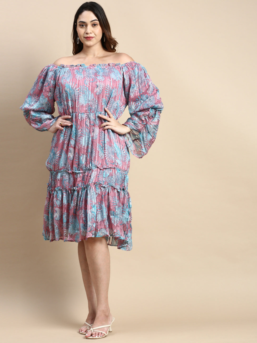 Women Puff Pink Abstract Fit and Flare Dress