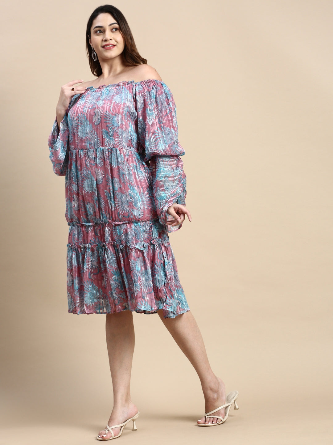 Women Puff Pink Abstract Fit and Flare Dress