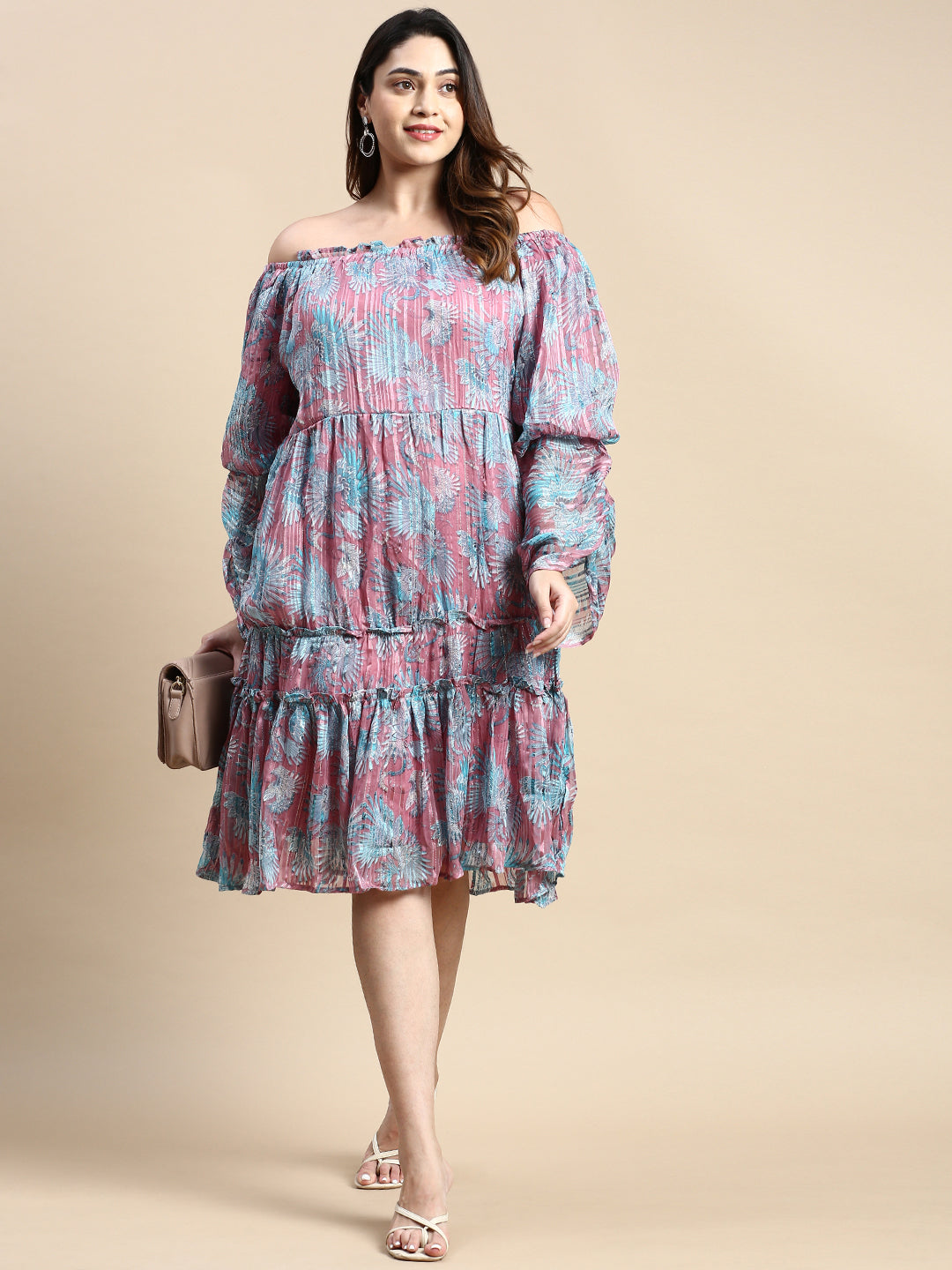 Women Puff Pink Abstract Fit and Flare Dress