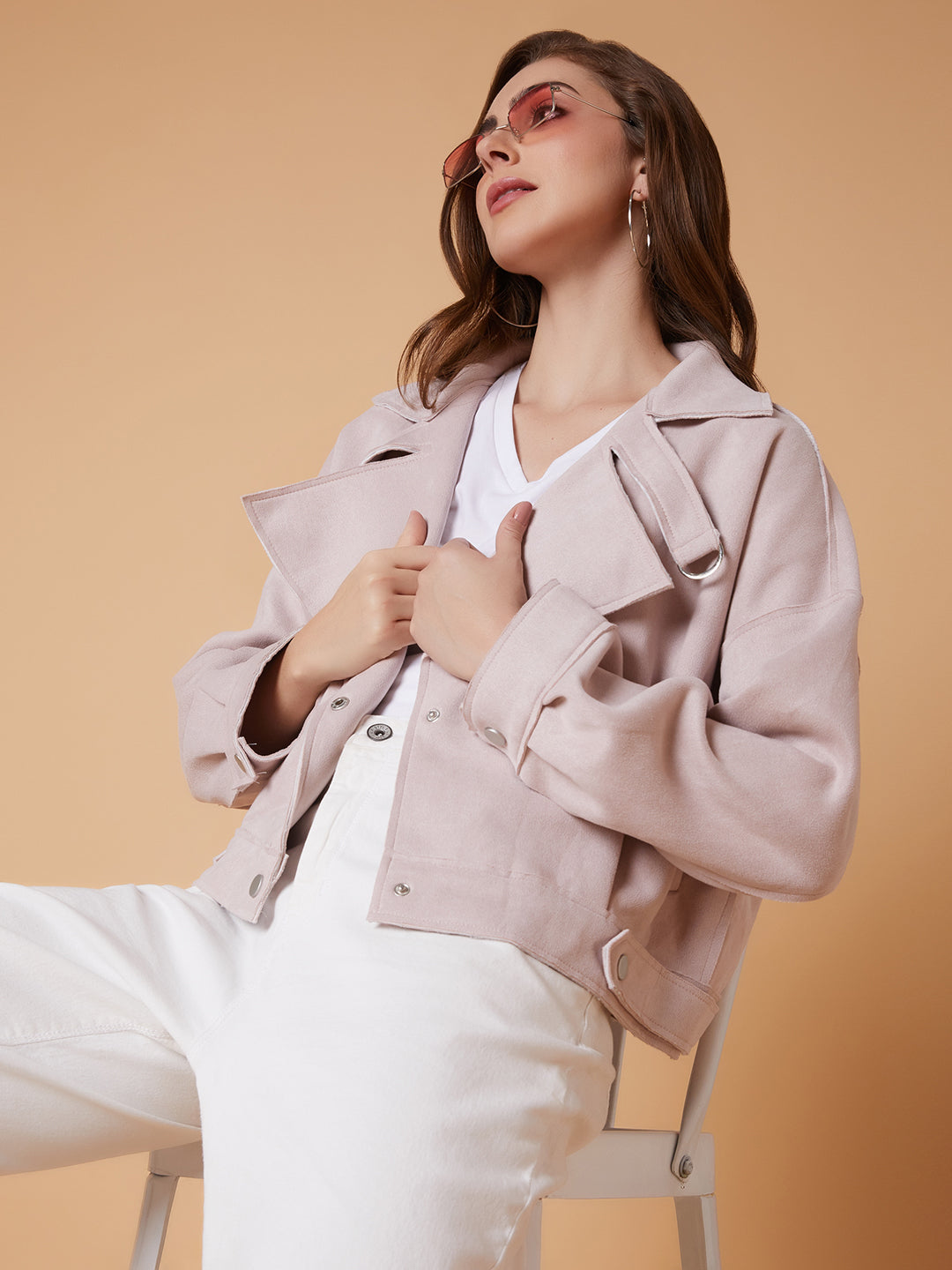 Women Peach Oversized Crop Tailored Jacket