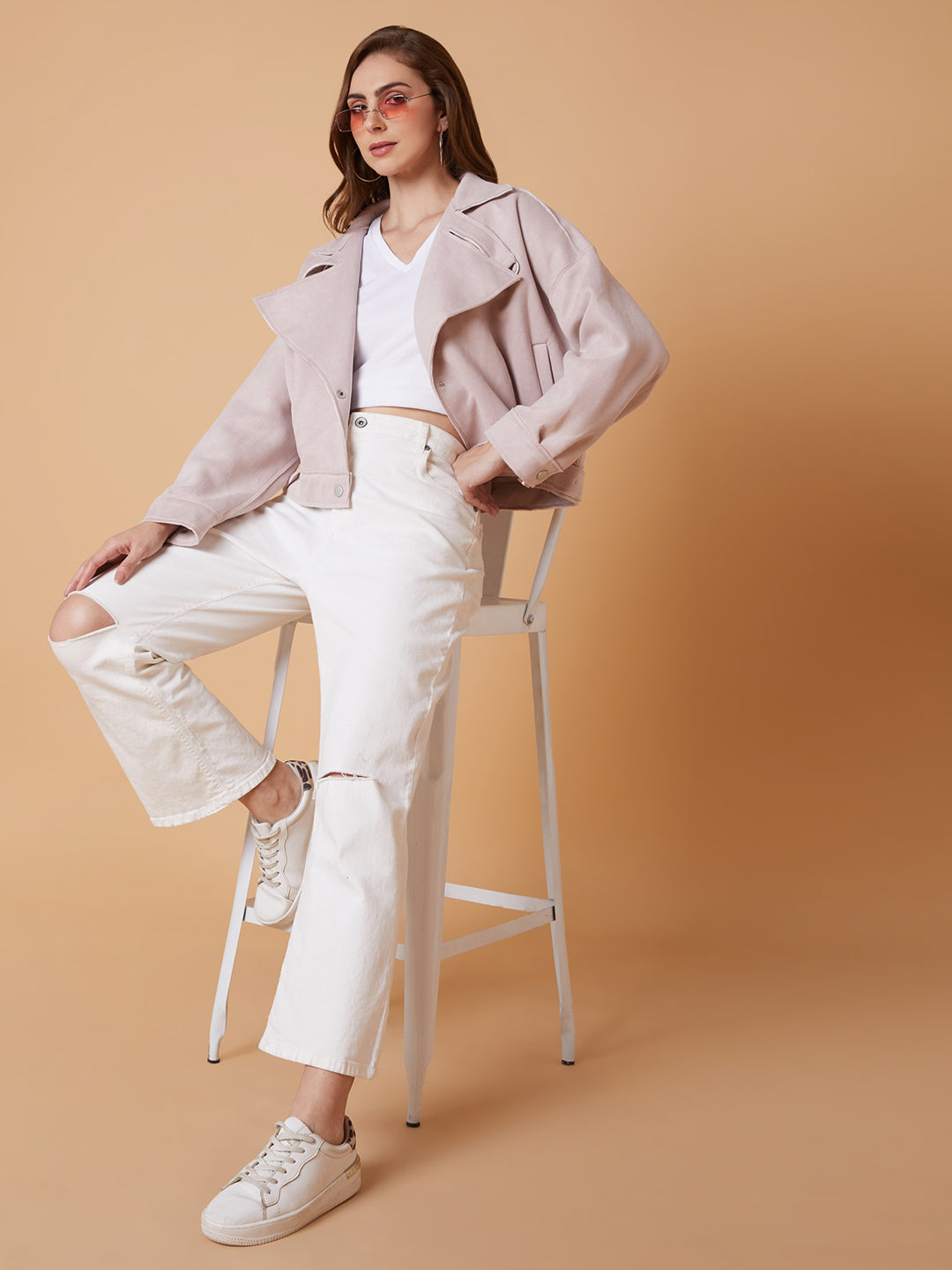 Women Peach Oversized Crop Tailored Jacket