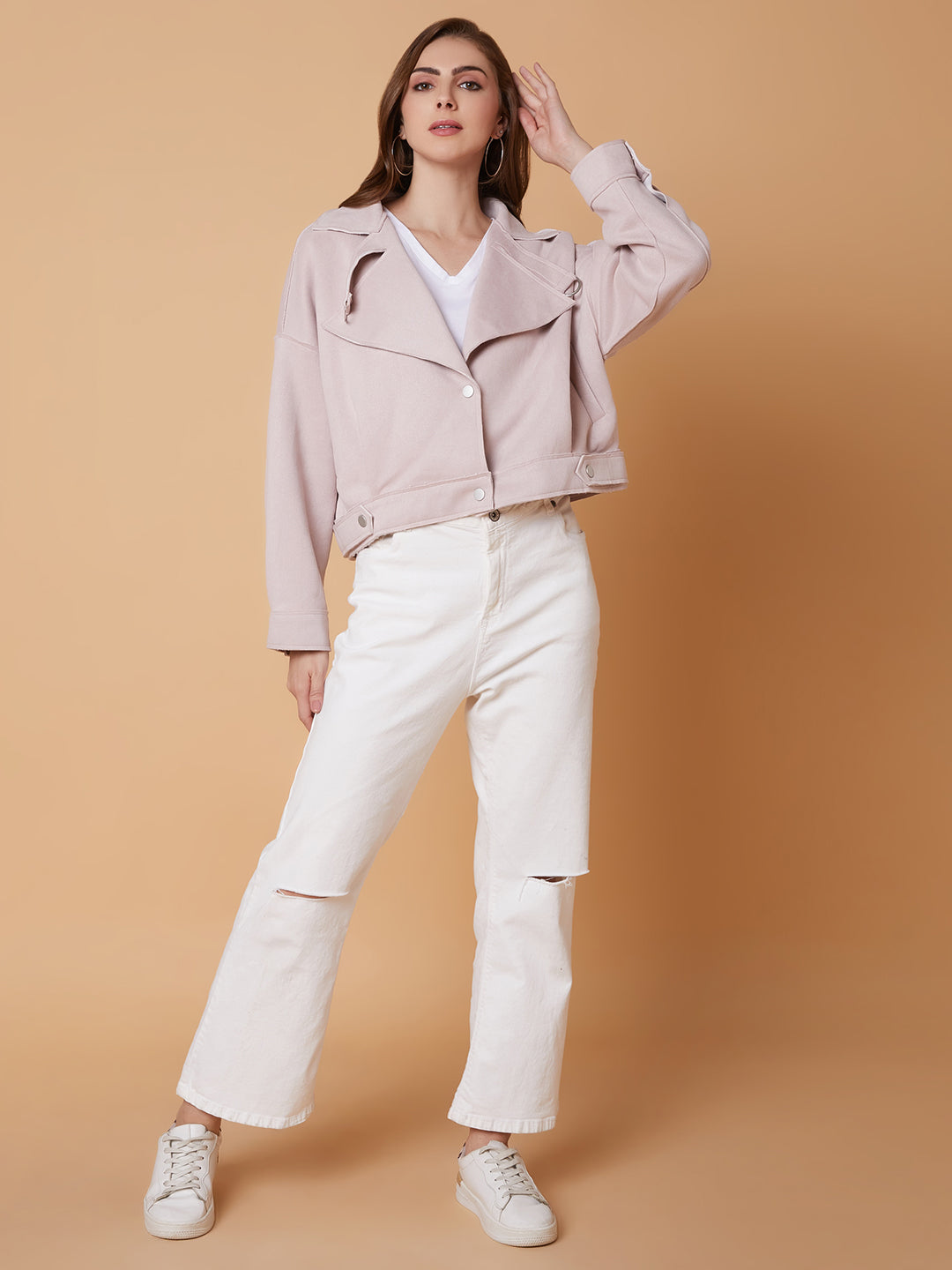 Women Peach Oversized Crop Tailored Jacket