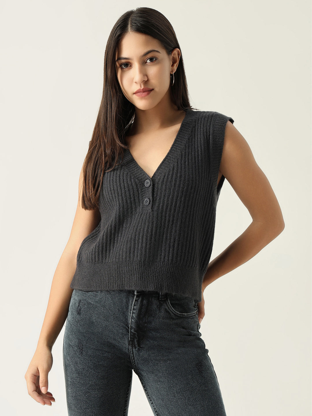 Women Solid Charcoal Top