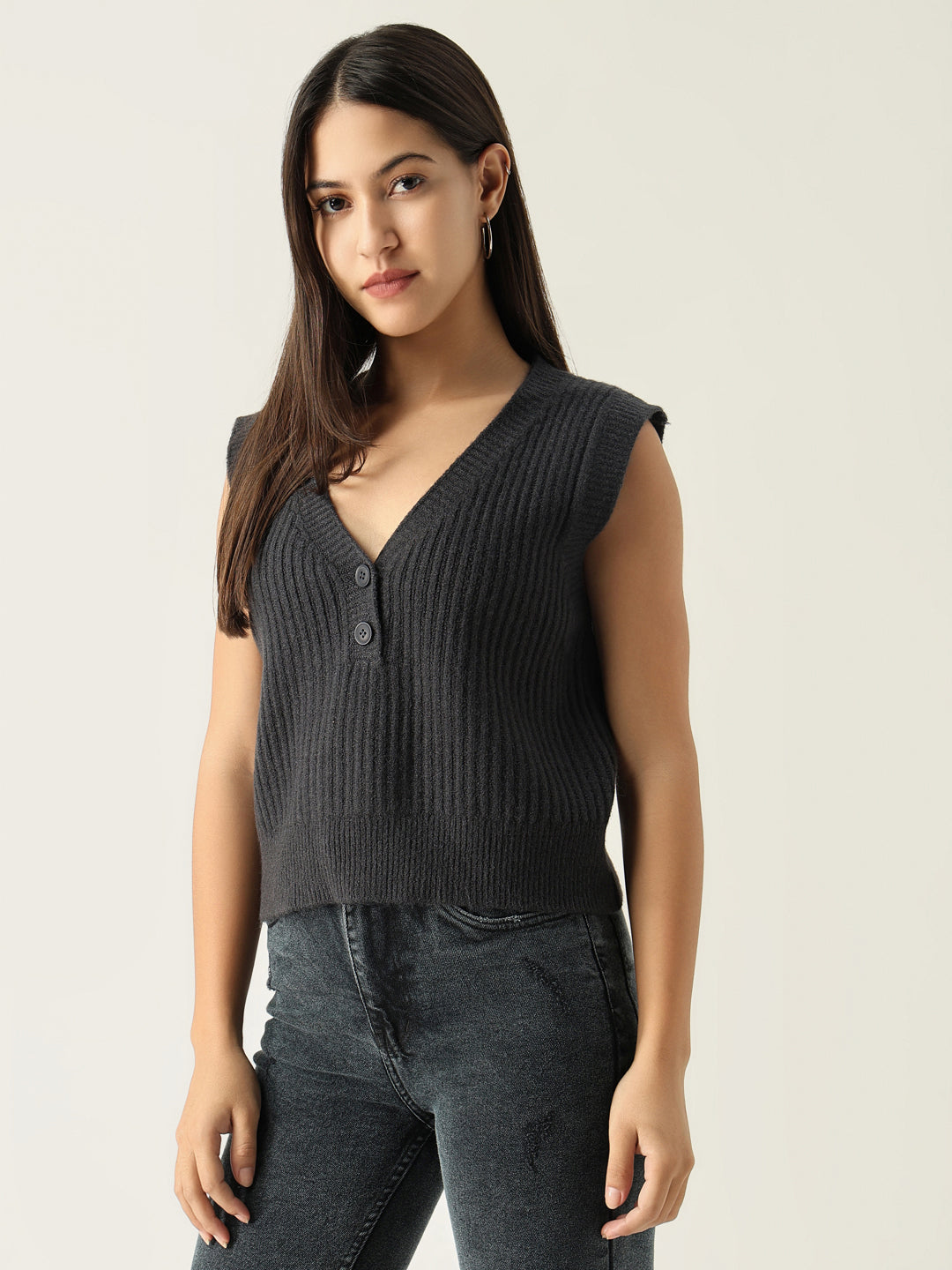 Women Solid Charcoal Top