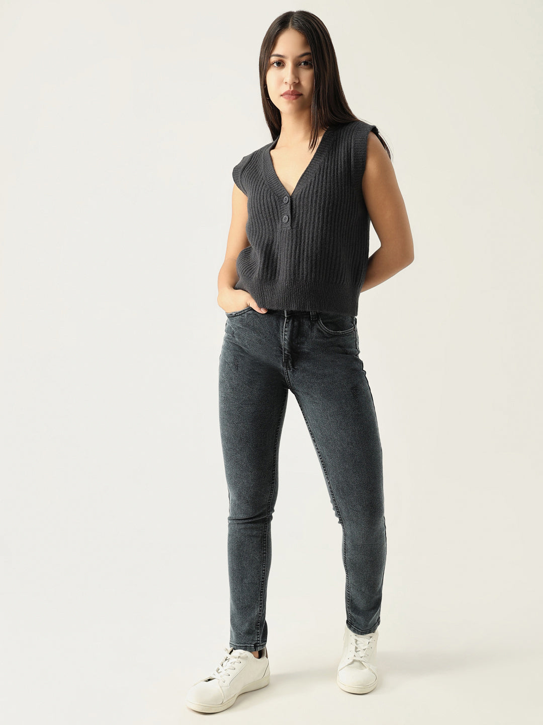 Women Solid Charcoal Top