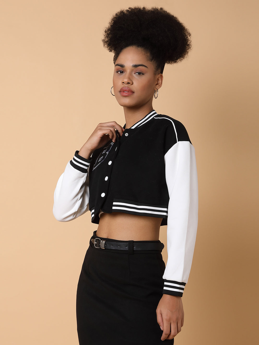 Women Black Crop Varsity Jacket