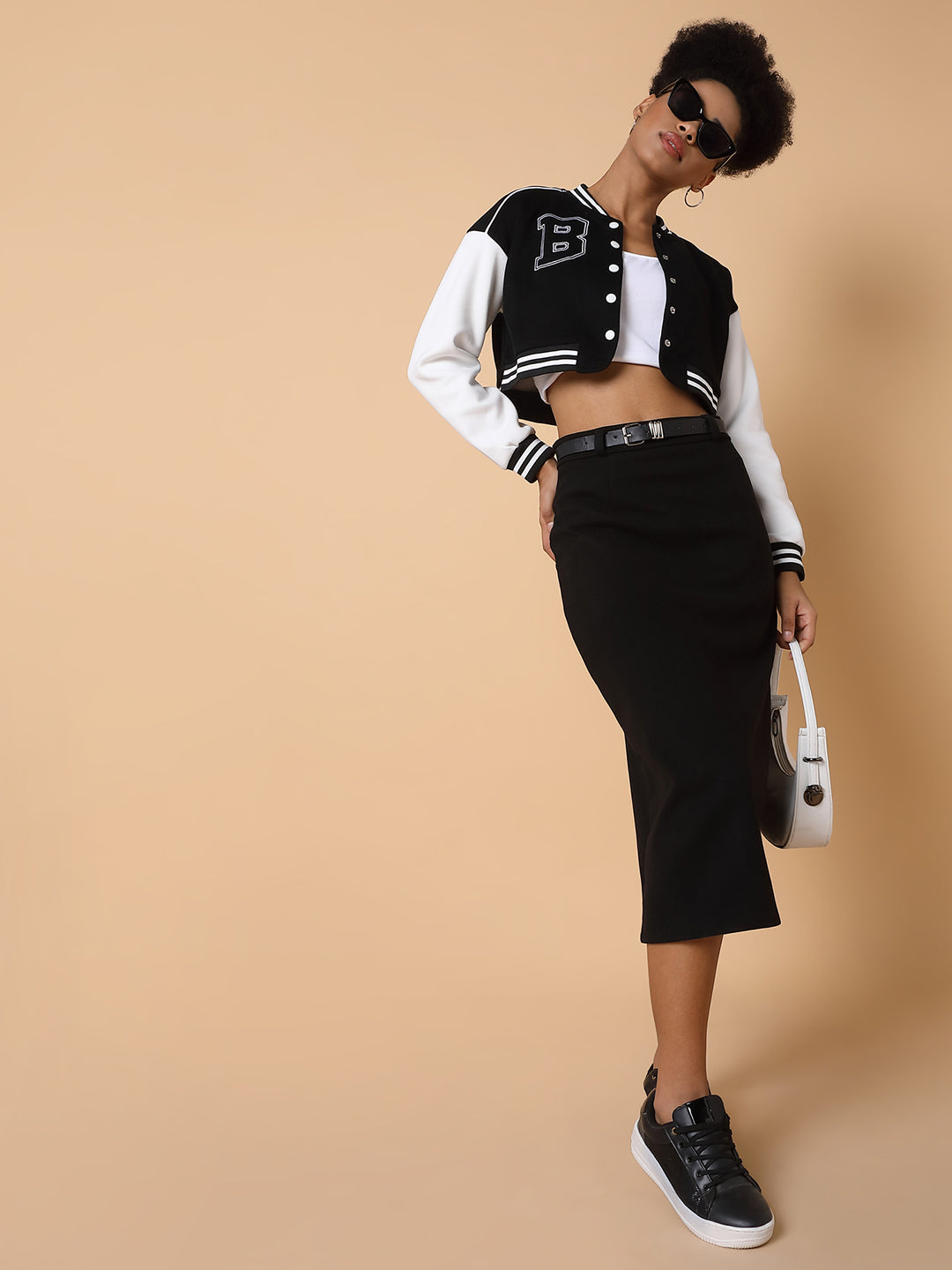 Women Black Crop Varsity Jacket