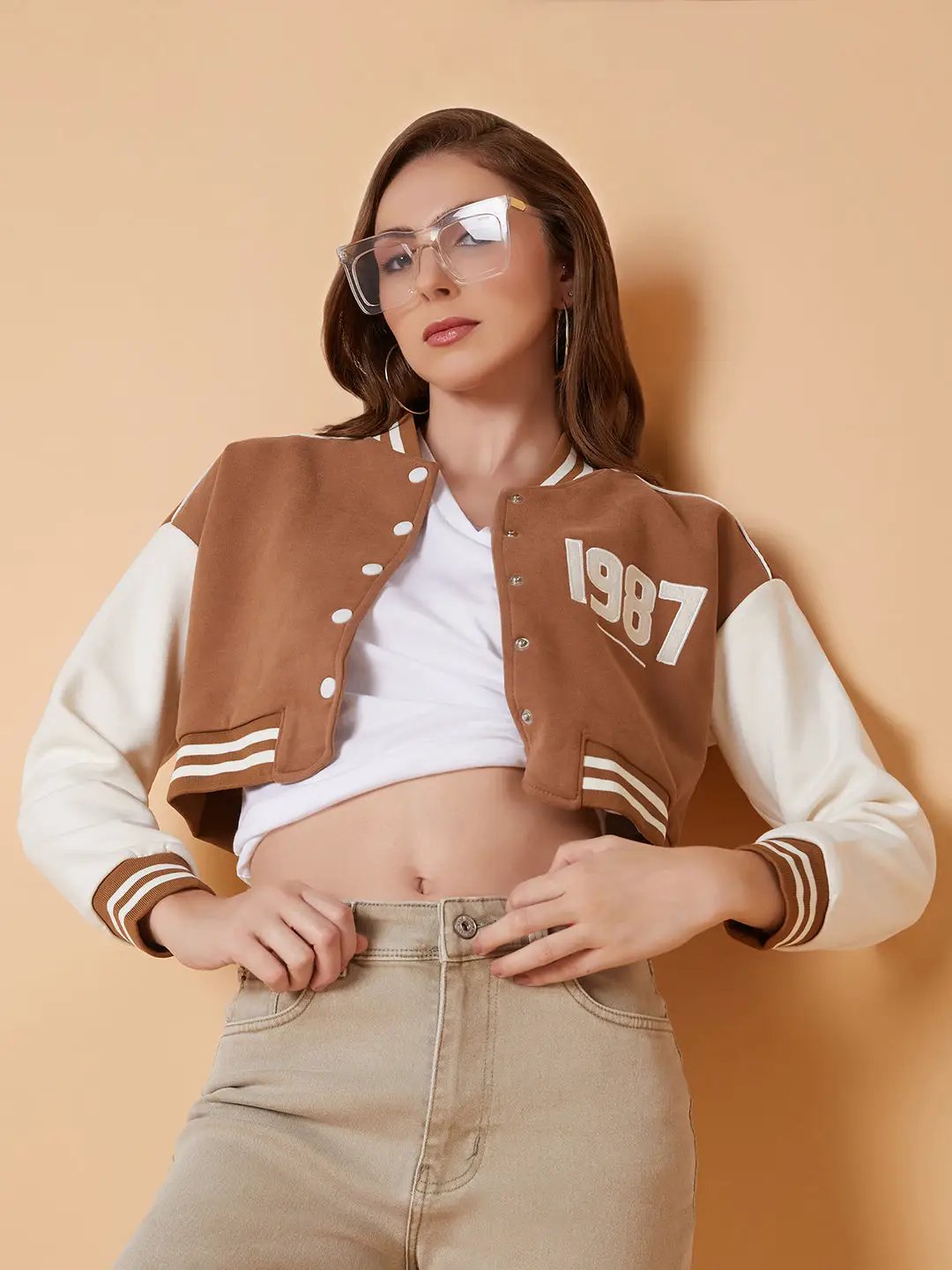Women's Brown Crop Varsity Jacket