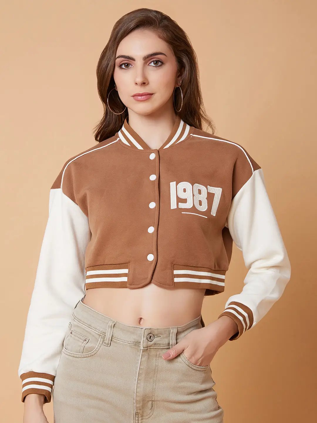 Women's Brown Crop Varsity Jacket