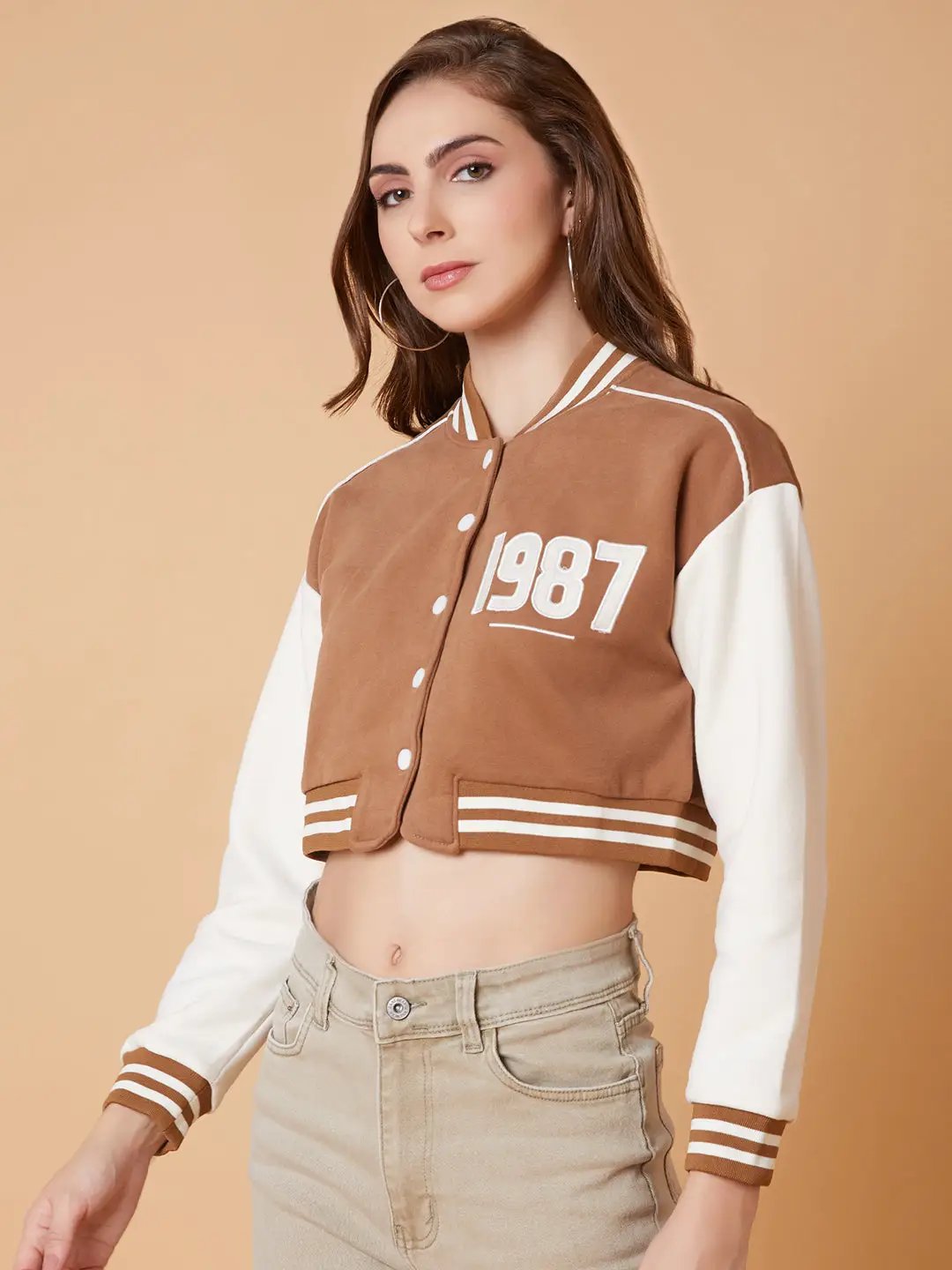Women's Brown Crop Varsity Jacket