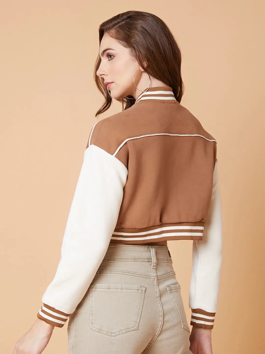 Women's Brown Crop Varsity Jacket