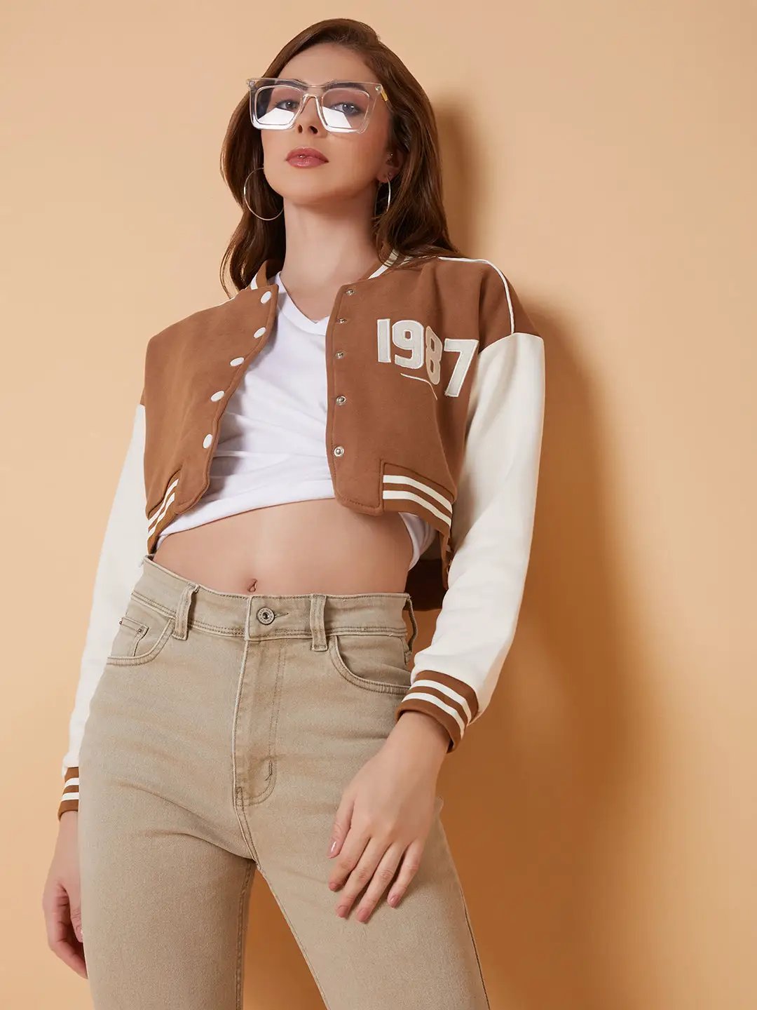 Women's Brown Crop Varsity Jacket