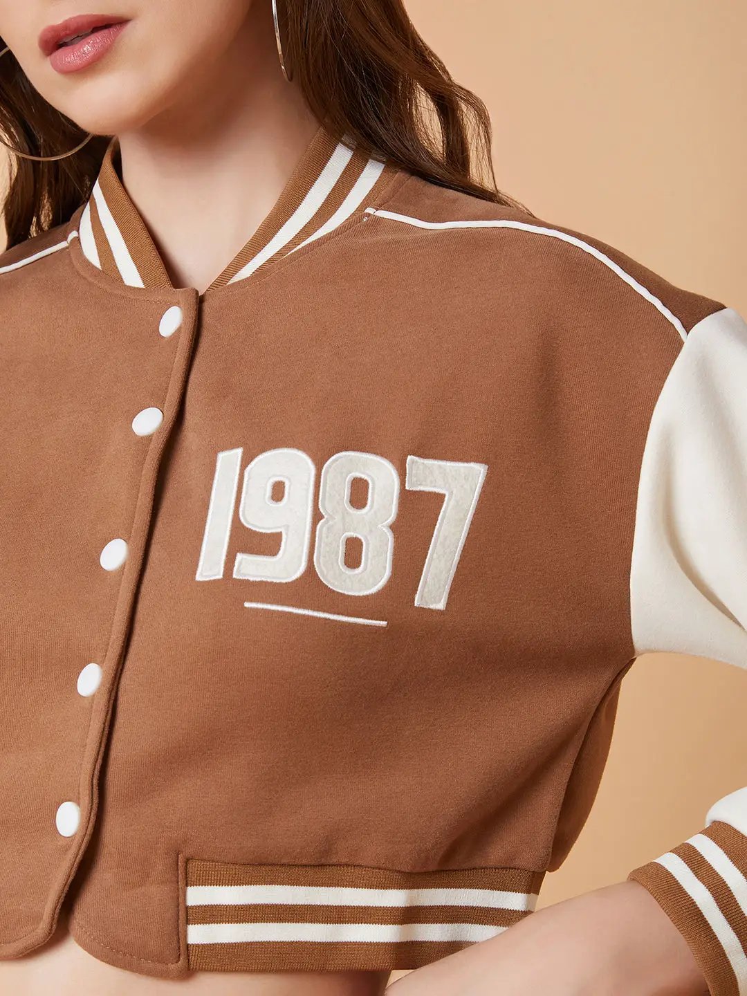 Women's Brown Crop Varsity Jacket
