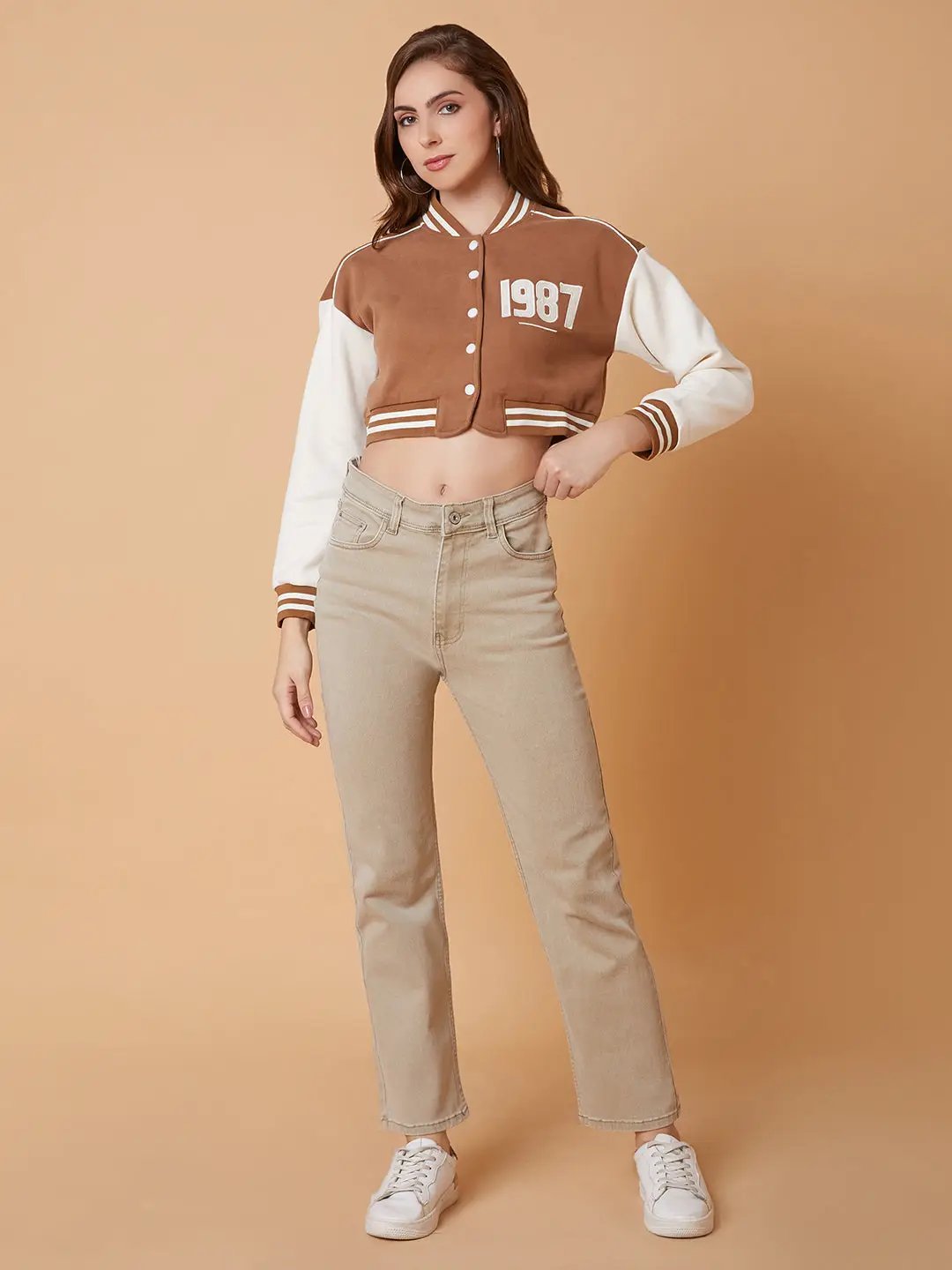 Women's Brown Crop Varsity Jacket