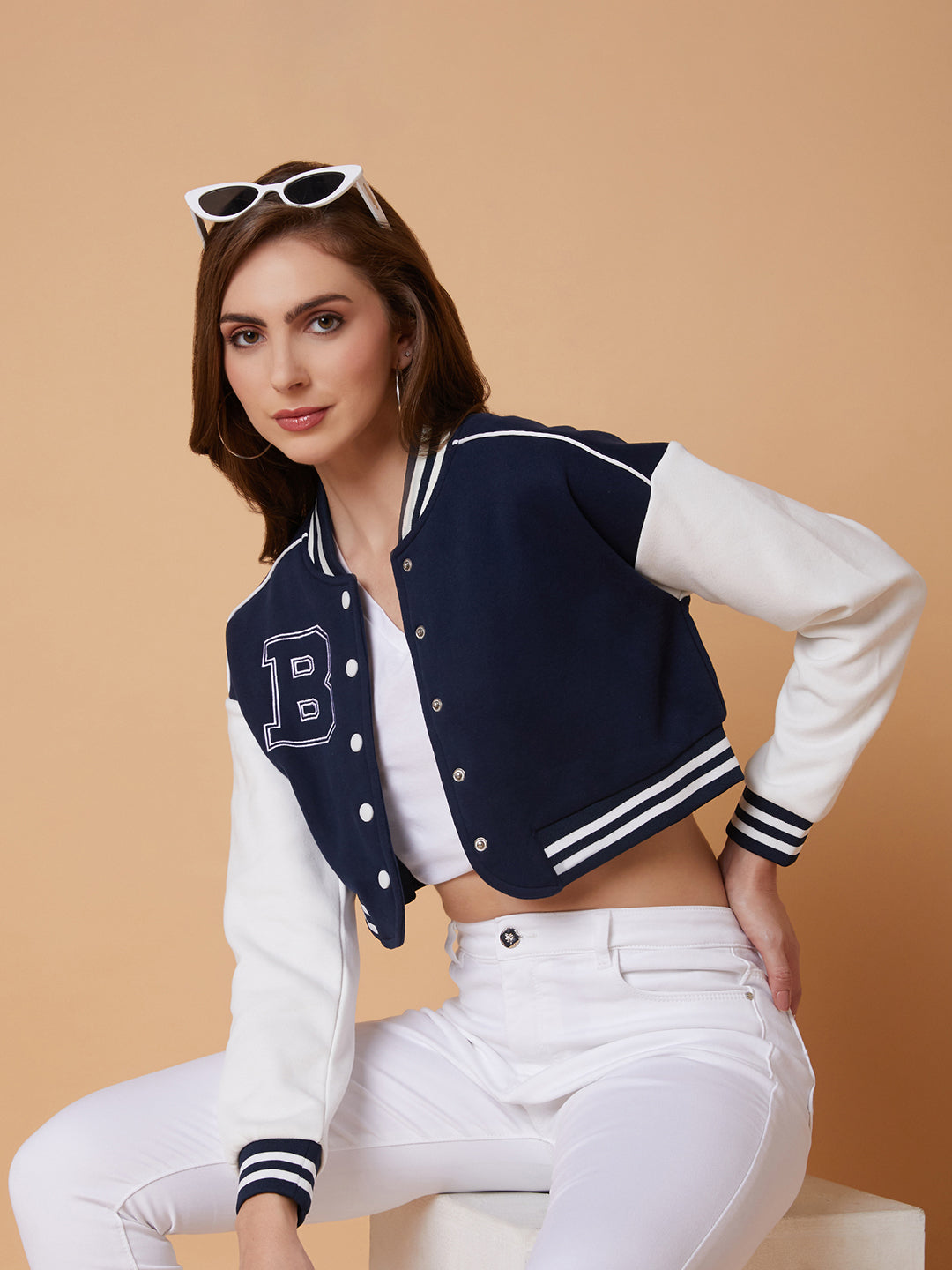 Women Navy Blue Crop Varsity Jacket