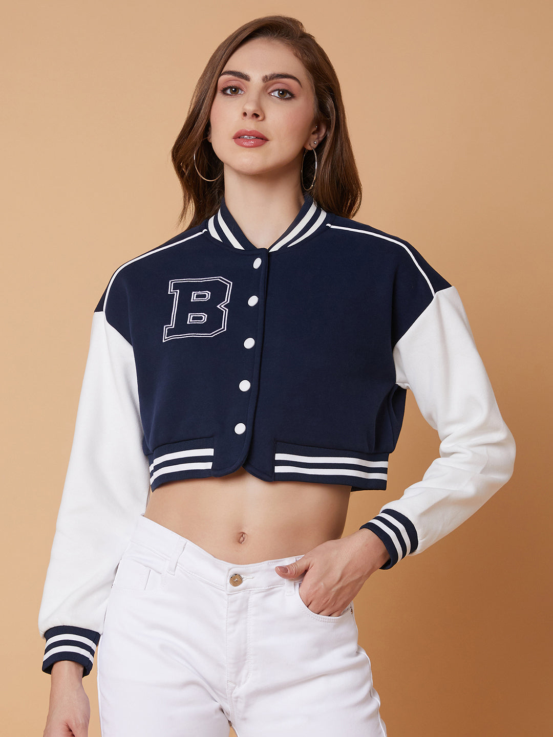 Women Navy Blue Crop Varsity Jacket