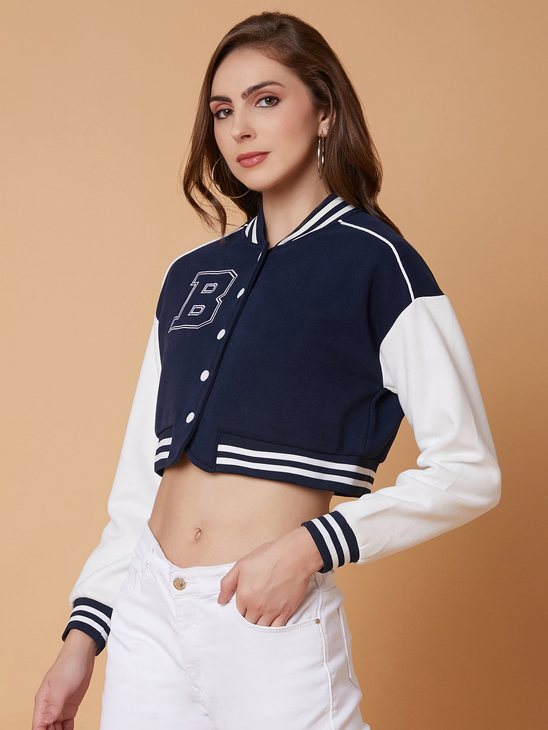 Women Navy Blue Crop Varsity Jacket