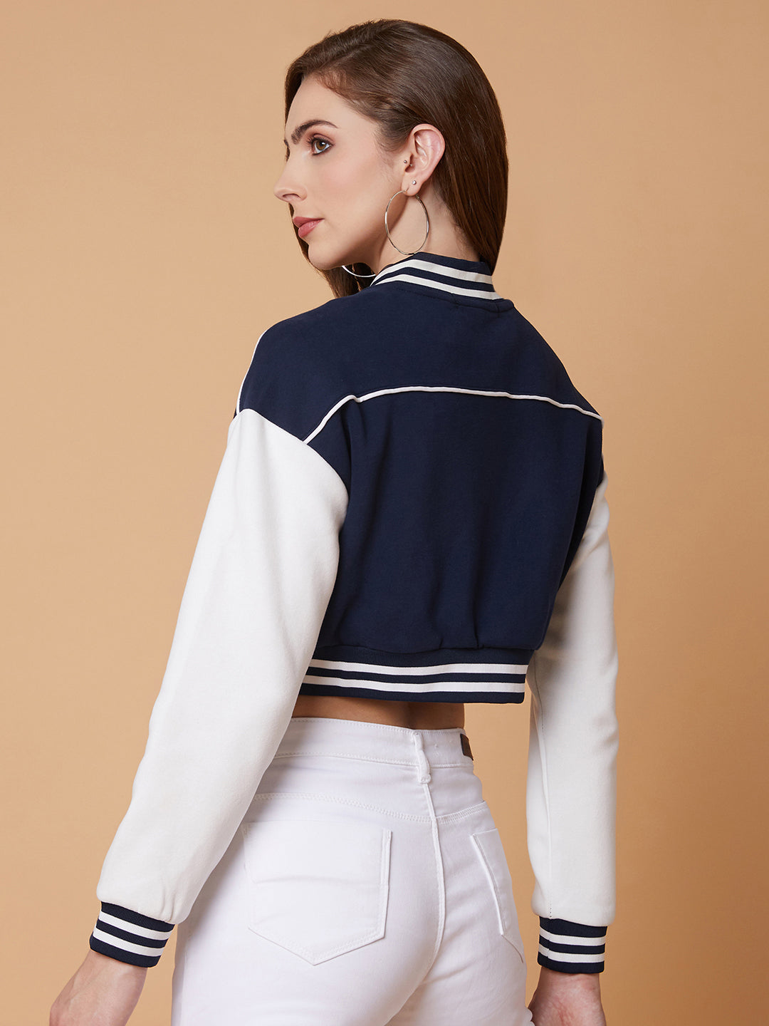 Women Navy Blue Crop Varsity Jacket