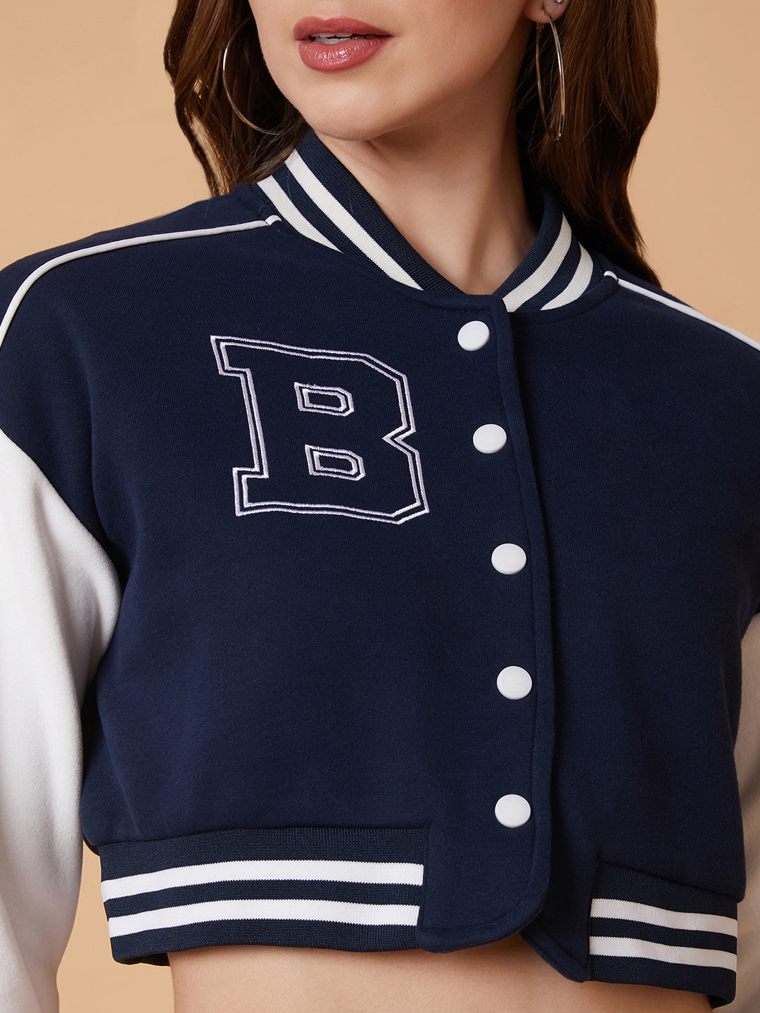 Women Navy Blue Crop Varsity Jacket