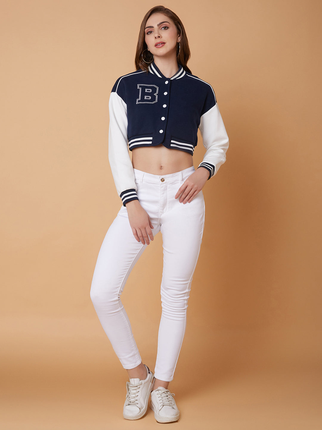 Women Navy Blue Crop Varsity Jacket