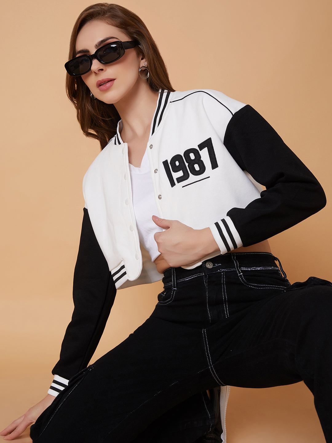 Women White Crop Varsity Jacket