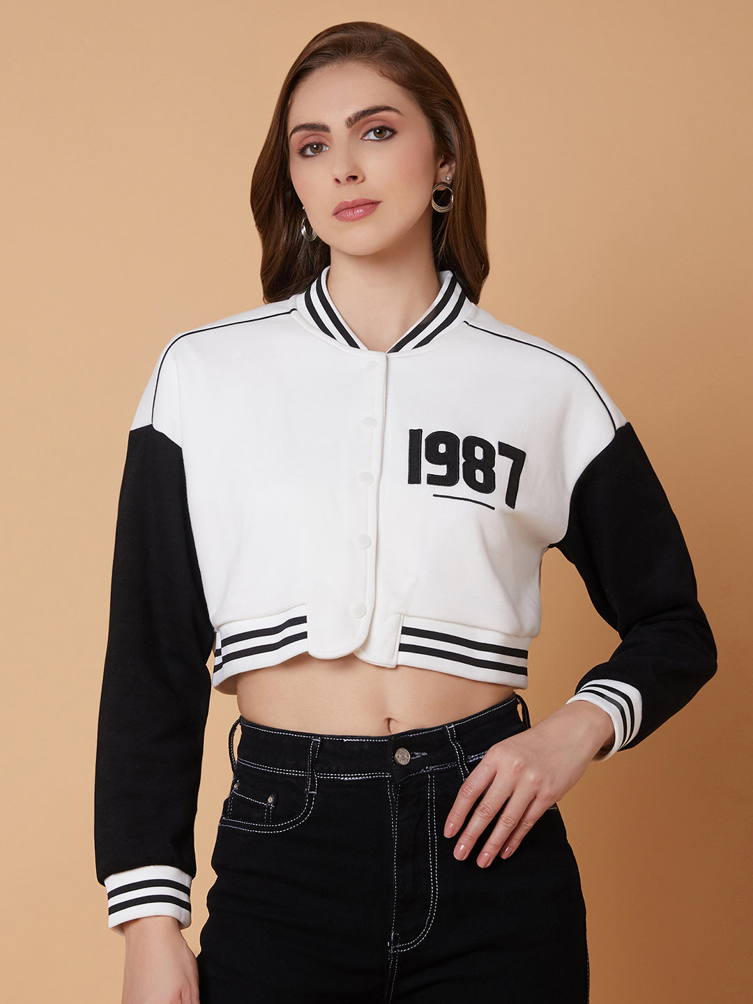 Women White Crop Varsity Jacket