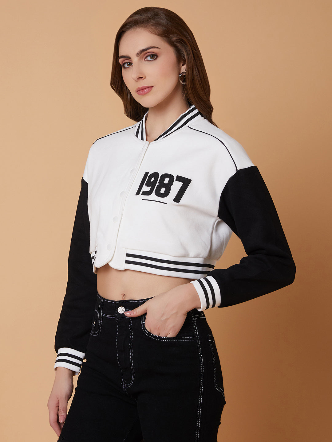 Women White Crop Varsity Jacket