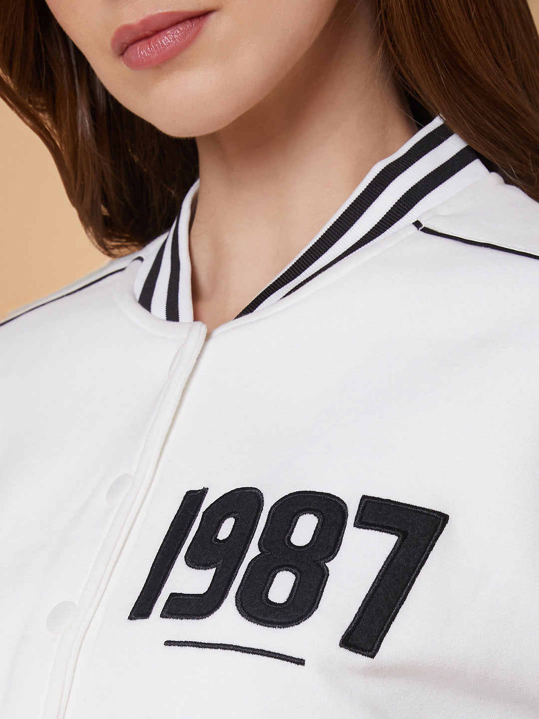 Women White Crop Varsity Jacket