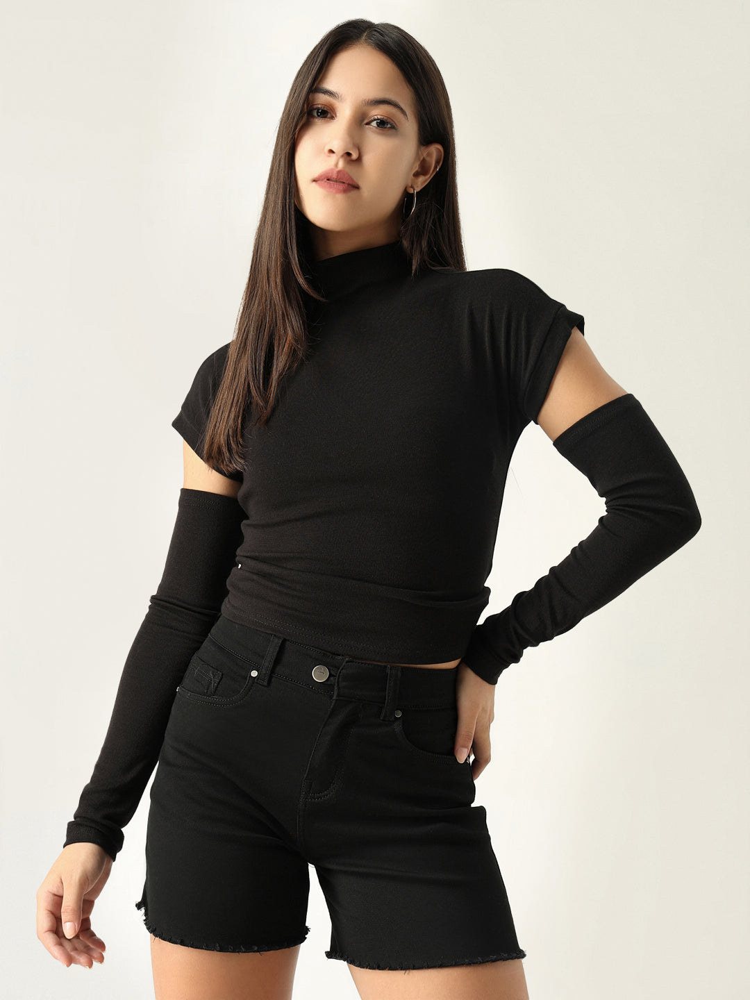 Women Solid Black Fitted Top