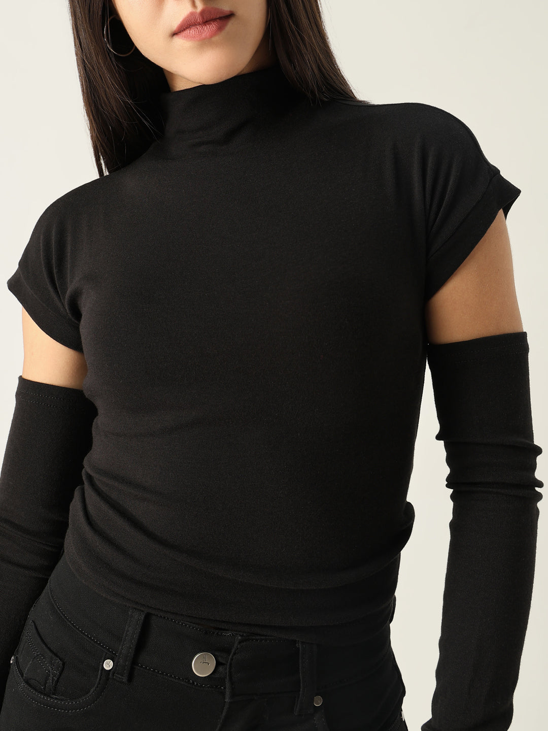 Women Solid Black Fitted Top