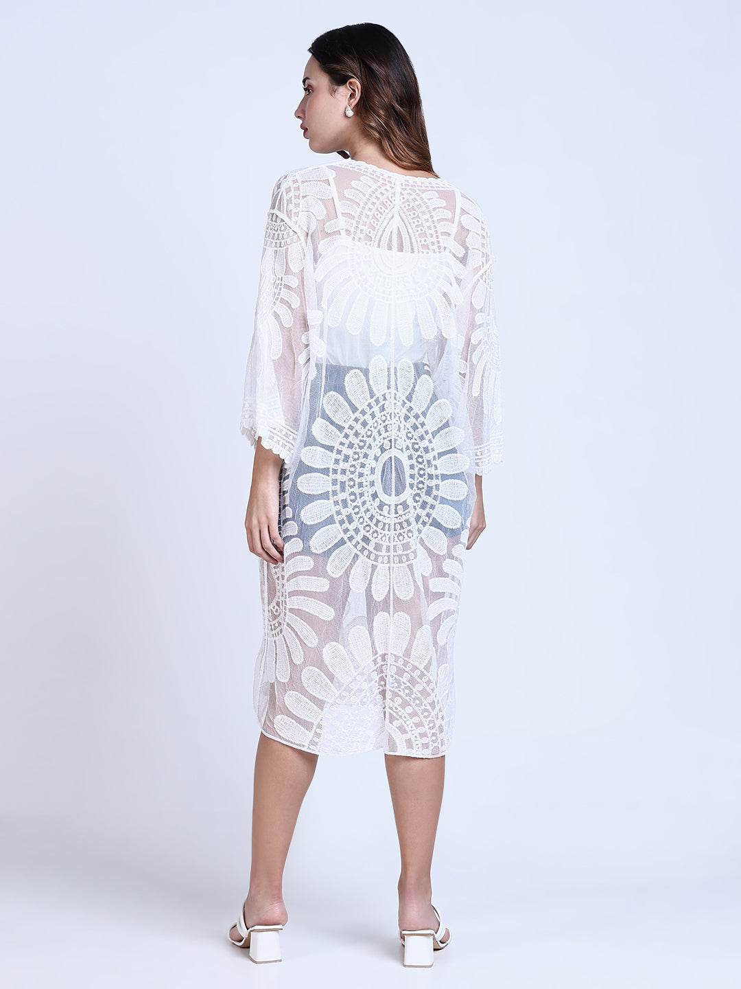 Women White Solid Longline Crochet Shrug