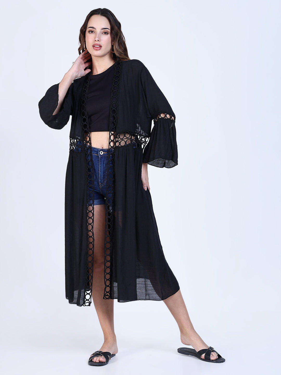 Women Black Solid Longline Shrug