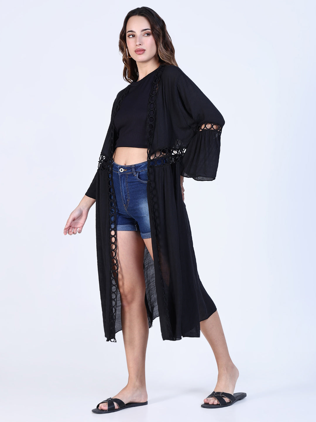 Women Black Solid Longline Shrug