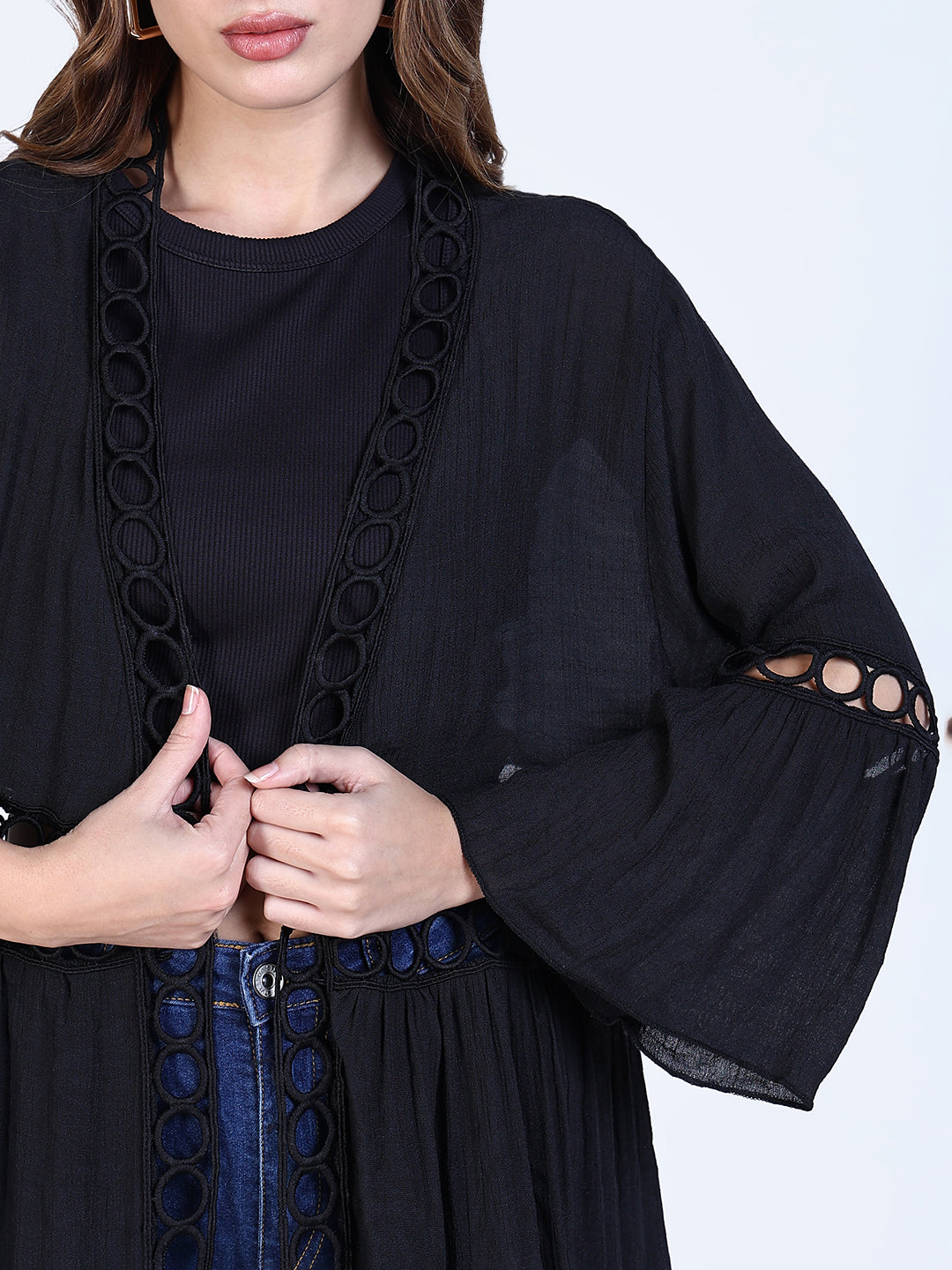 Women Black Solid Longline Shrug