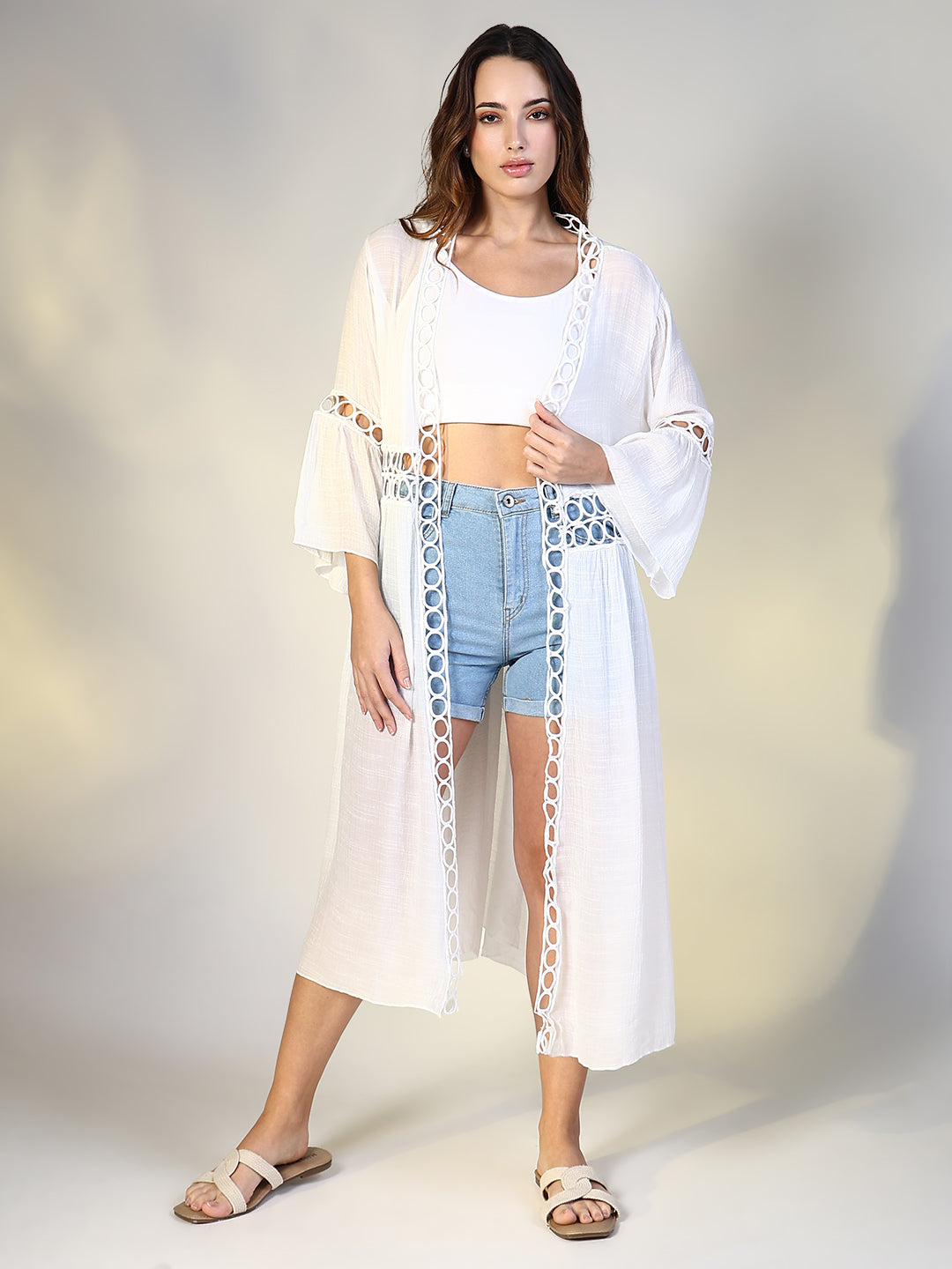 Women White Solid Longline Shrug