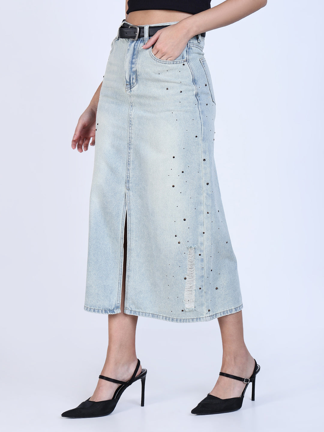 Women Blue Solid Denim Skirt with Belt