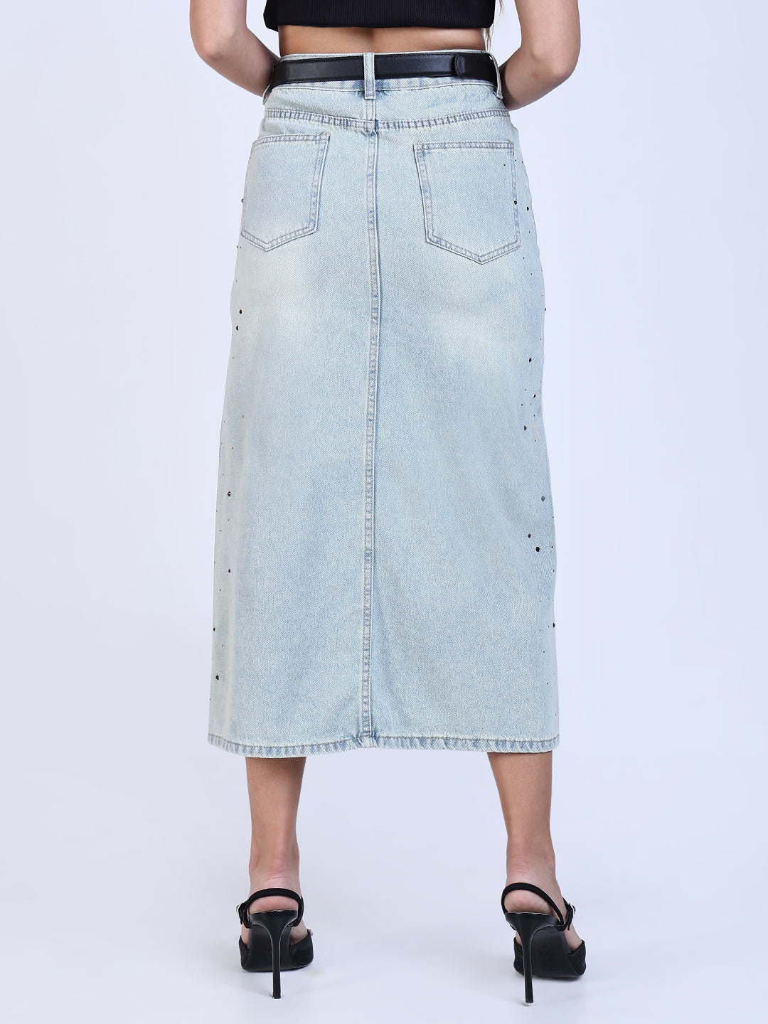 Women Blue Solid Denim Skirt with Belt