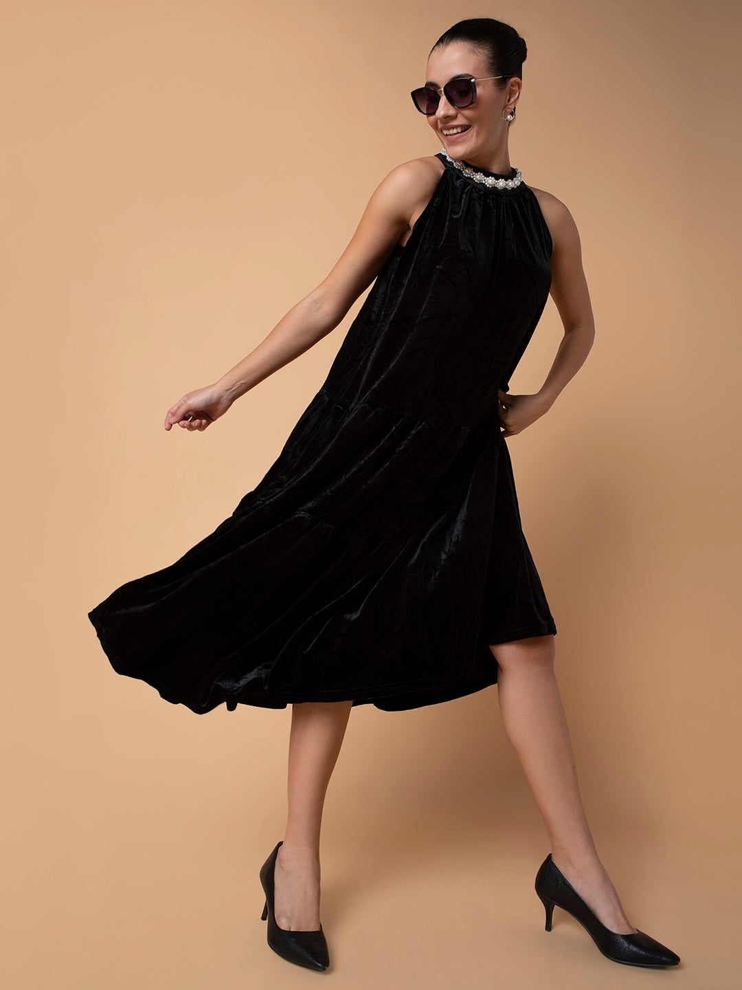 Women Solid Black Maxi A-Line Dress