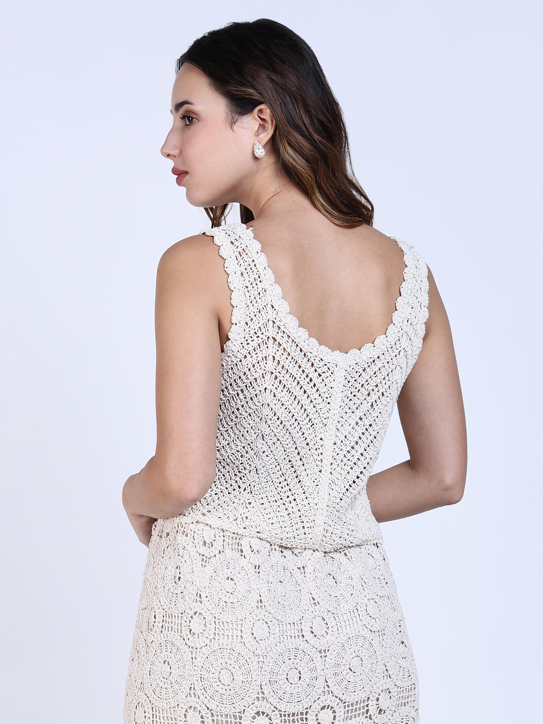 Women Cream Solid Crochet Top