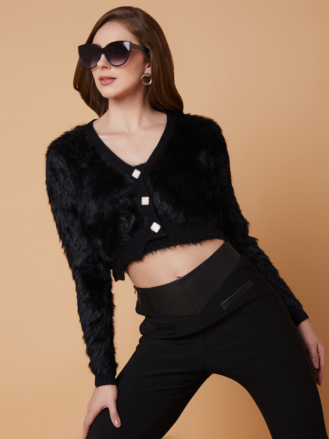 Women Solid Black Crop Cardigan with Inner Slip