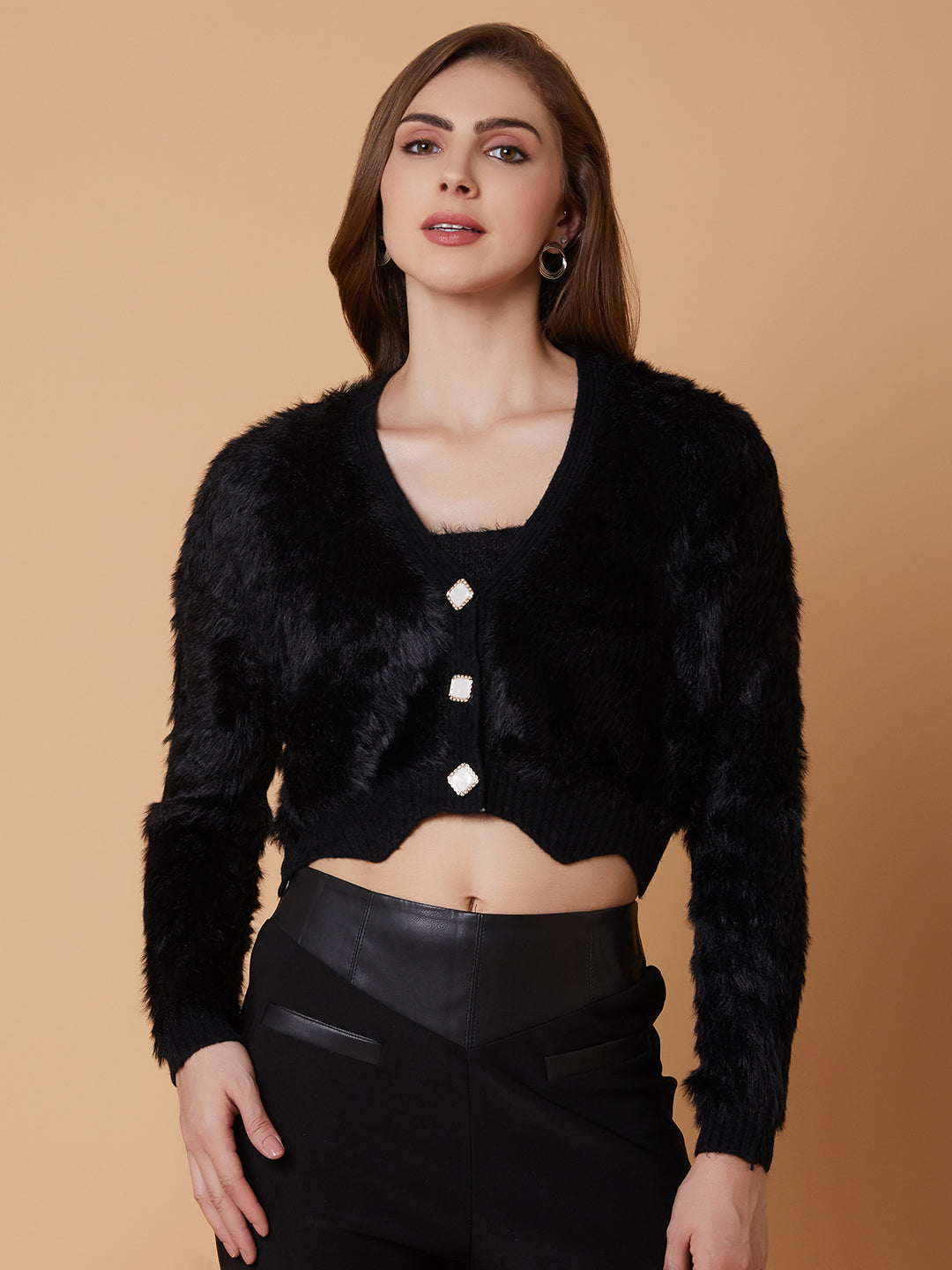 Women Solid Black Crop Cardigan with Inner Slip