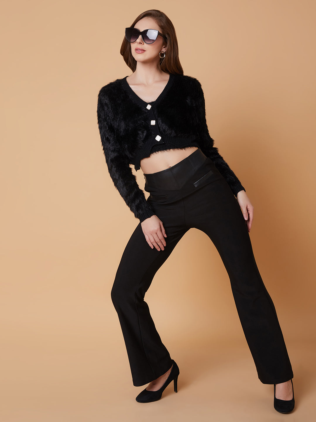 Women Solid Black Crop Cardigan with Inner Slip