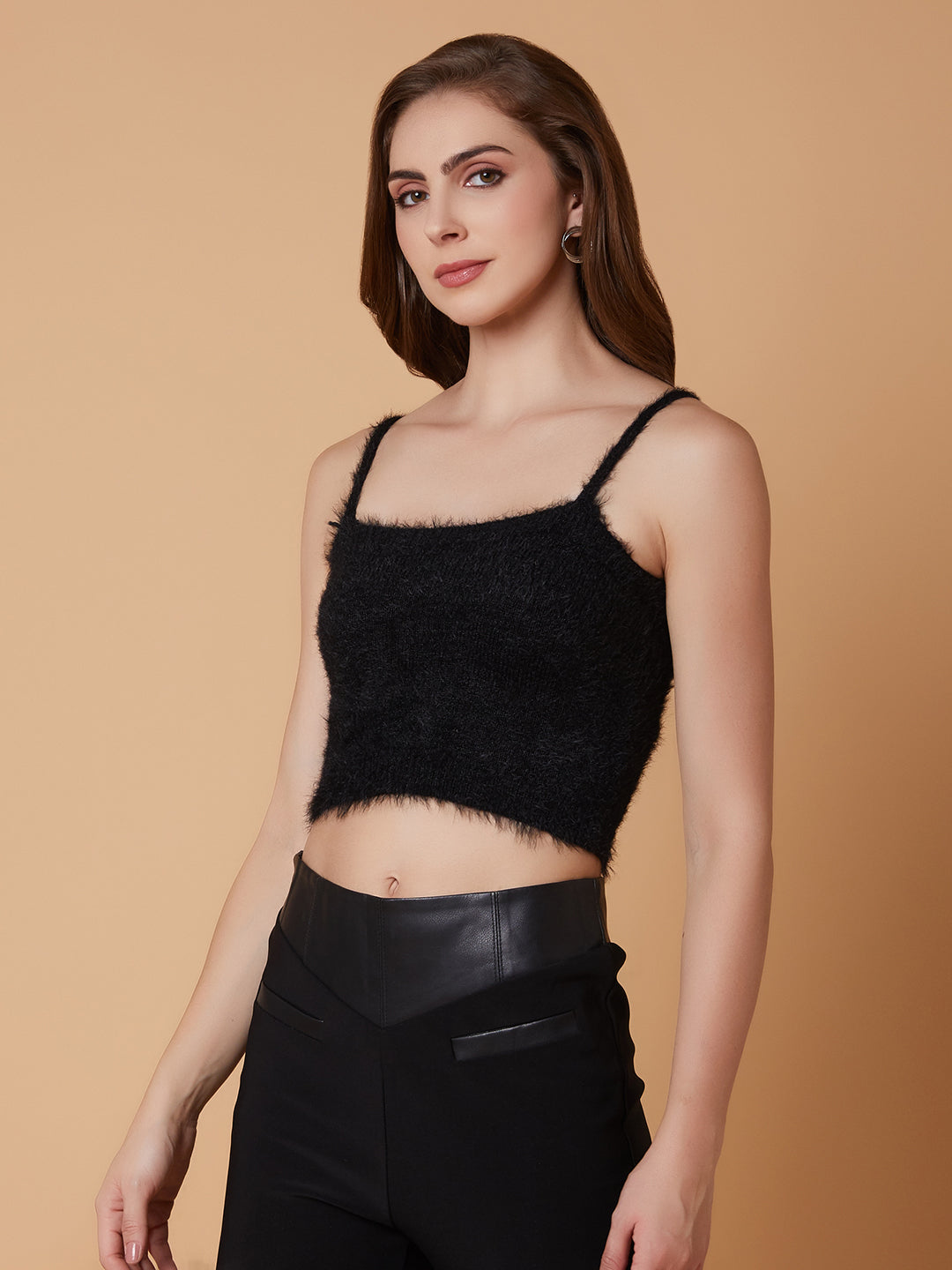 Women Solid Black Crop Cardigan with Inner Slip