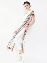 Women's V-Neck White Striped Sheer Longline Top