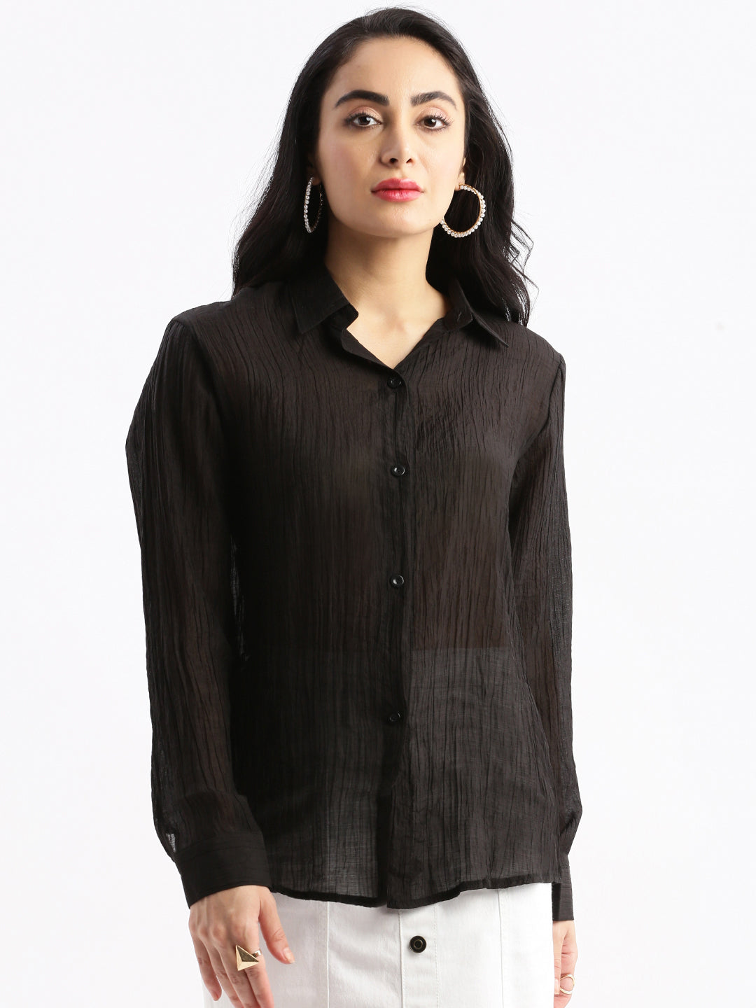 Women Solid Black Slim Fit Shirt