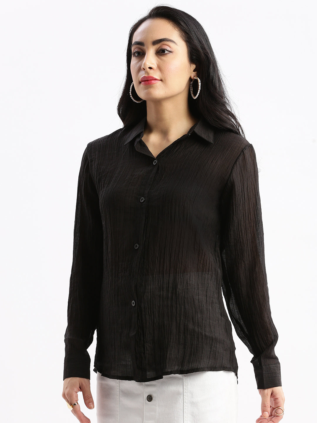 Women Solid Black Slim Fit Shirt